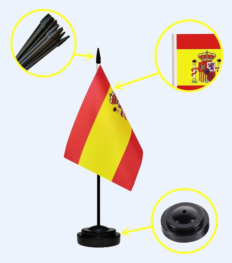 tibijoy Spain Spanish Deluxe Desk Flag Set, Small Mini Miniature Spain Spanish Table Desktop Flags With Solid Pole, Black Base and Spear Top(2 Pack) - Image 2